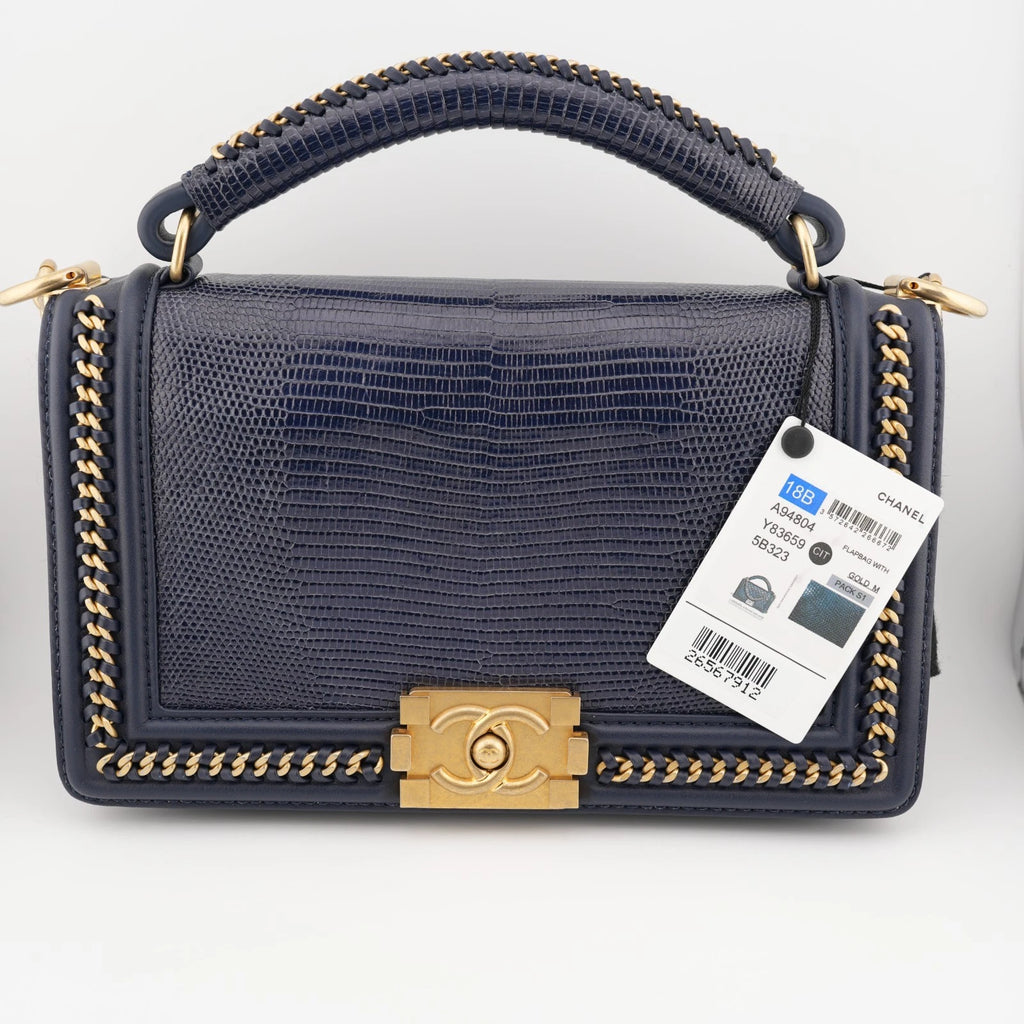 Chanel Dark Blue Lizard Medium Boy Top Handle Flap Black Gold Hardware