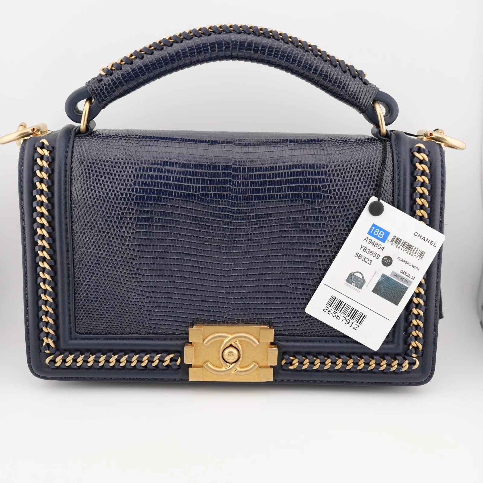 Chanel Dark Blue Lizard Medium Boy Top Handle Flap Black Gold Hardware