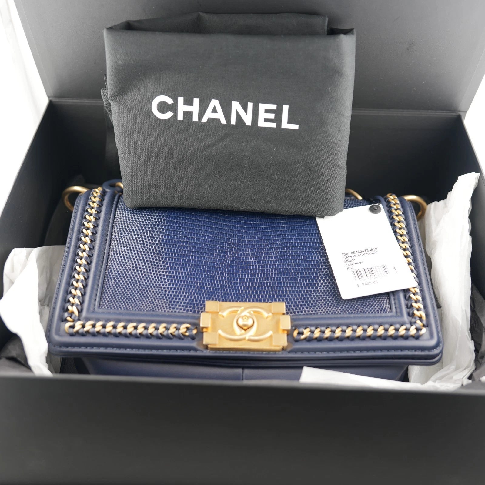 Chanel Dark Blue Lizard Medium Boy Top Handle Flap Black Gold Hardware