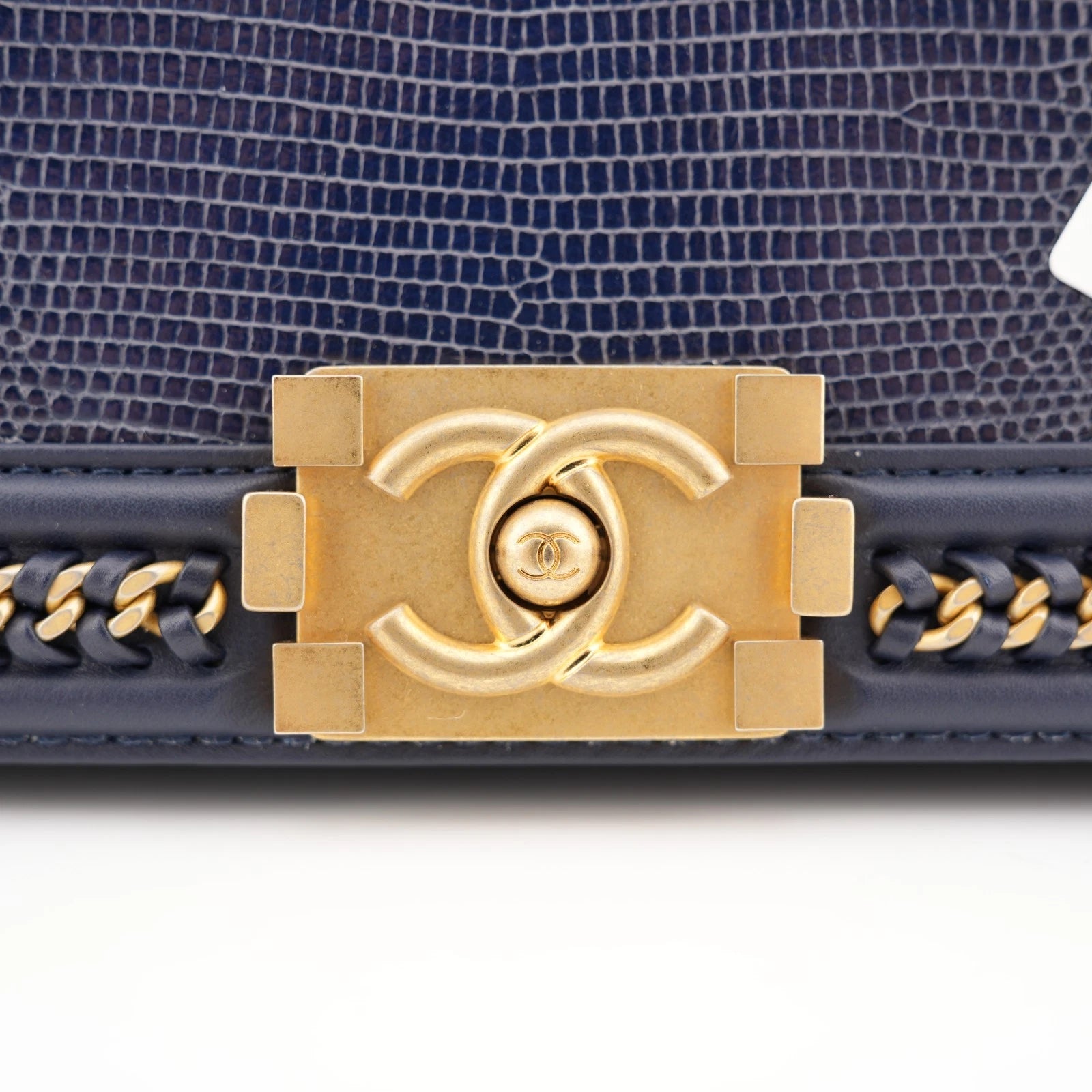 Chanel Dark Blue Lizard Medium Boy Top Handle Flap Black Gold Hardware